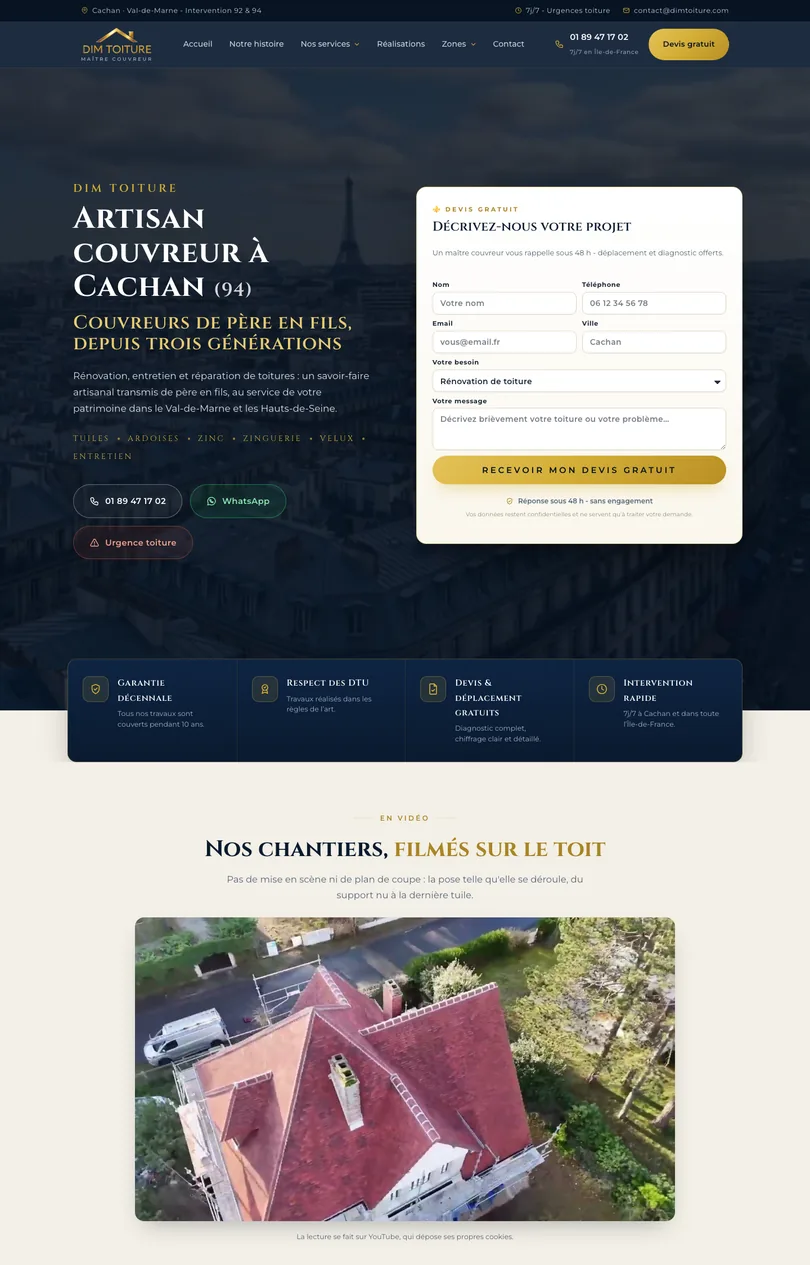 Capture du site Dim Toiture, artisan couvreur à Cachan