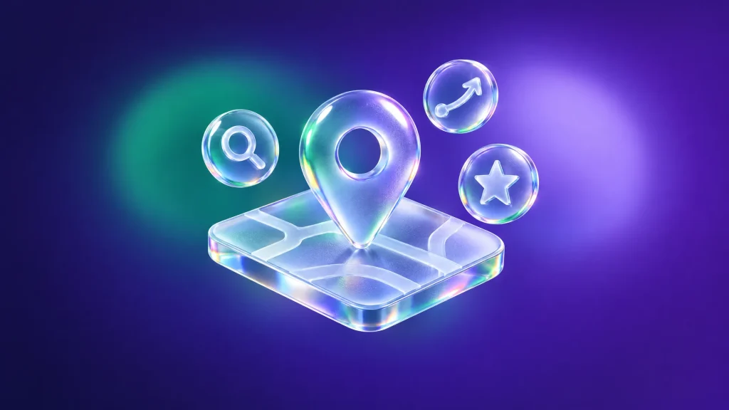 Illustration en verre : épingle de carte sur un plan, entourée d'une loupe, d'une flèche de distance et d'une étoile