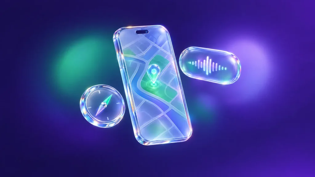 Illustration en verre : téléphone affichant une carte, bulle d'onde vocale et boussole
