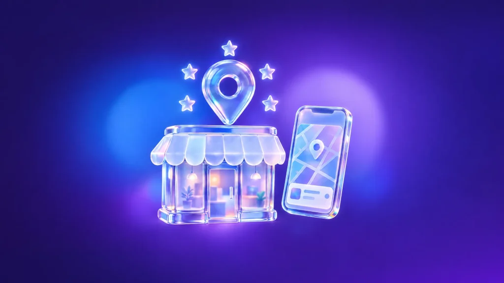 Illustration en verre : petite boutique surmontée d'une épingle de carte et d'étoiles, à côté d'un téléphone affichant une carte