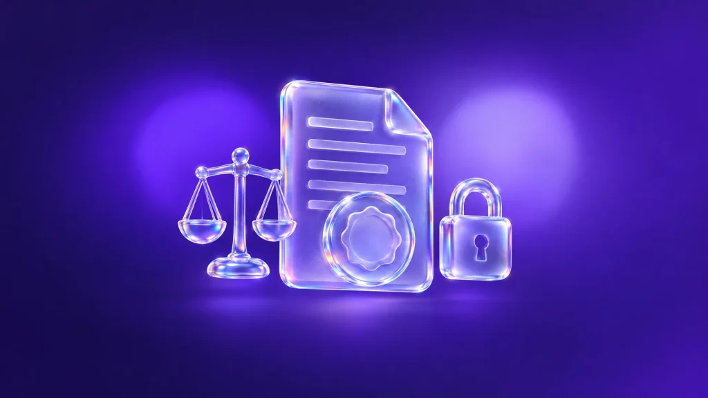 Illustration en verre : document, sceau, balance de la justice et cadenas