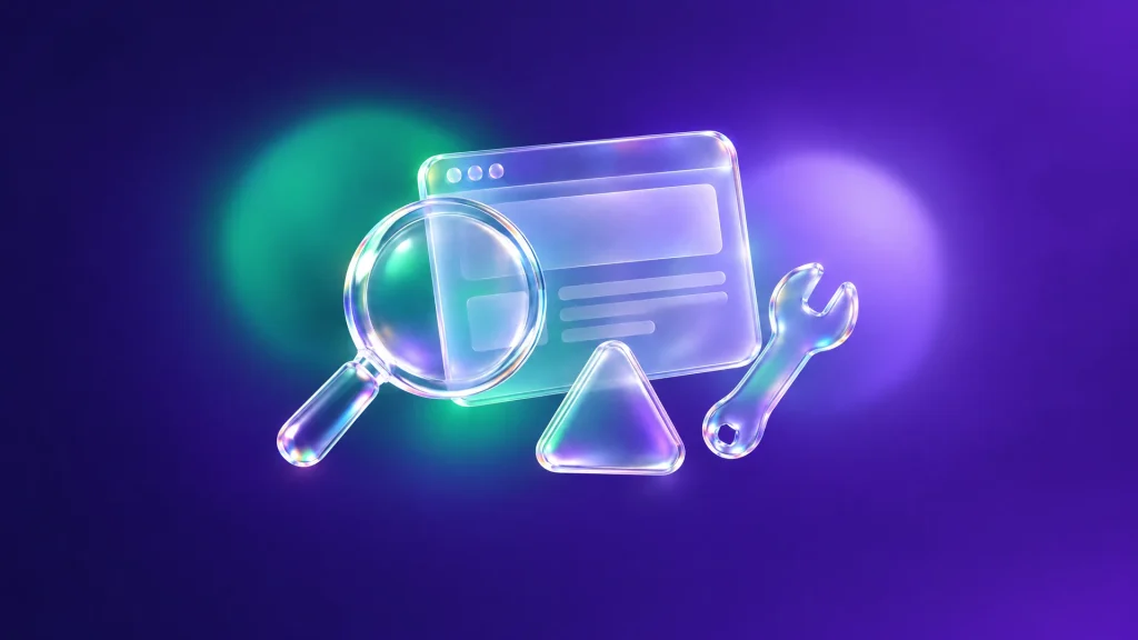 Illustration en verre : loupe au-dessus d'une page web, triangle d'alerte et clé à molette