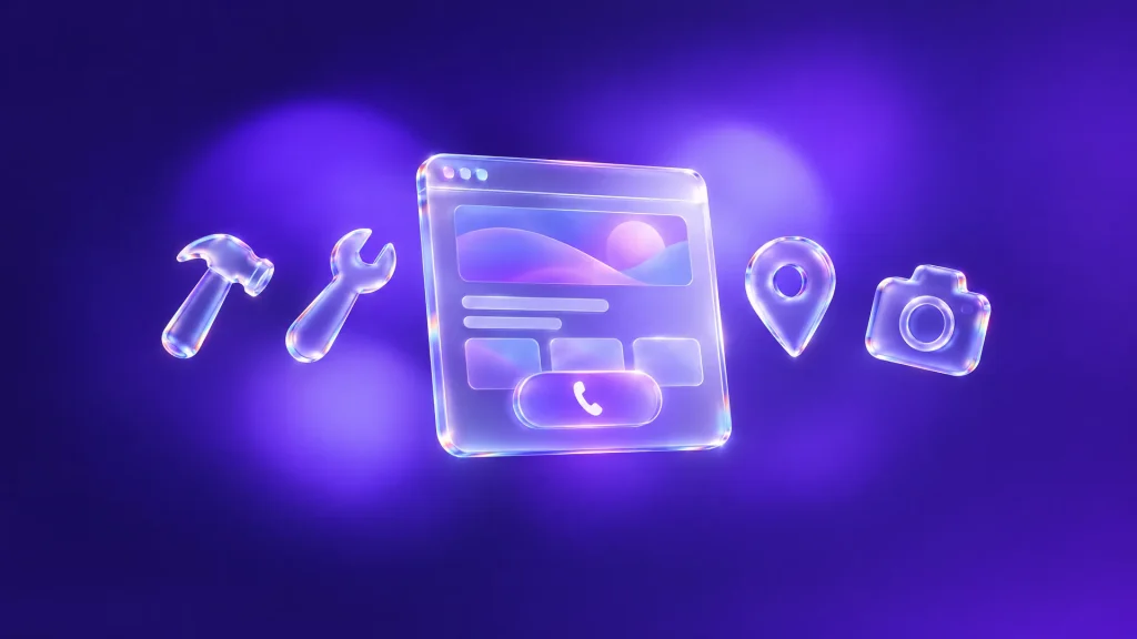 Illustration en verre : page de site avec un bouton d'appel, entourée d'un marteau, d'une clé, d'une épingle de carte et d'un appareil photo
